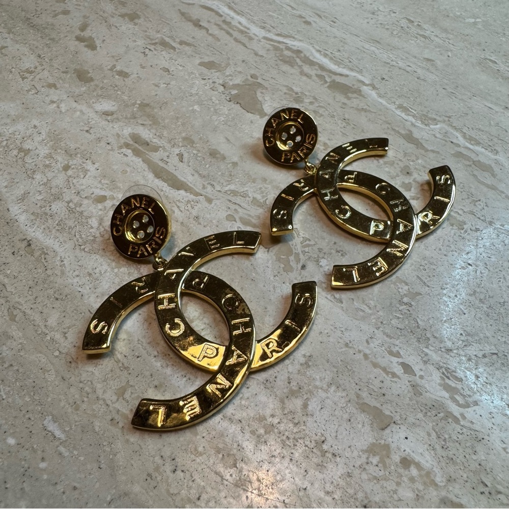 Chanel Paris CC Gold Hardware Button Earrings